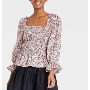 Who What Wear Blouse Women's XS Pink Leaves‎ Balloon 3/4 Sleeve Smocked Peplum